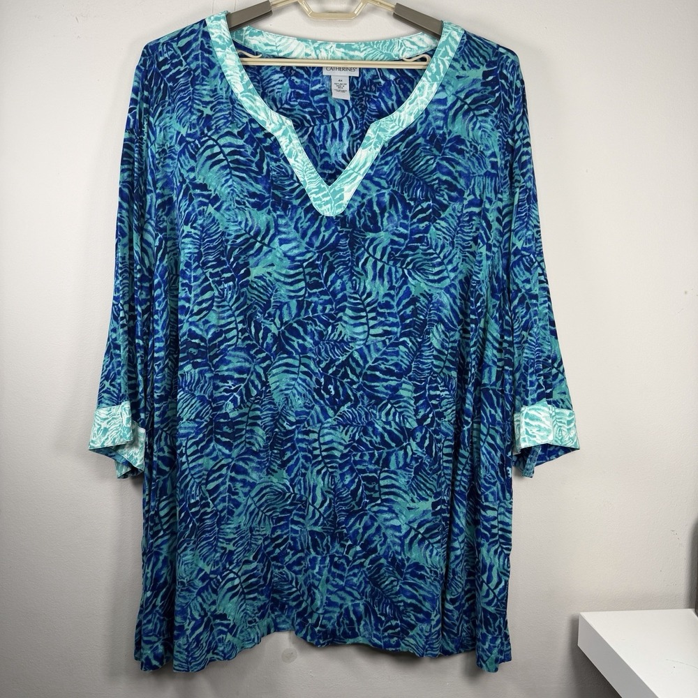 Catherines Top Womens Size 4X Blue 1/2 Sleeve Leaf Artsy Tropical Beachy Rayon